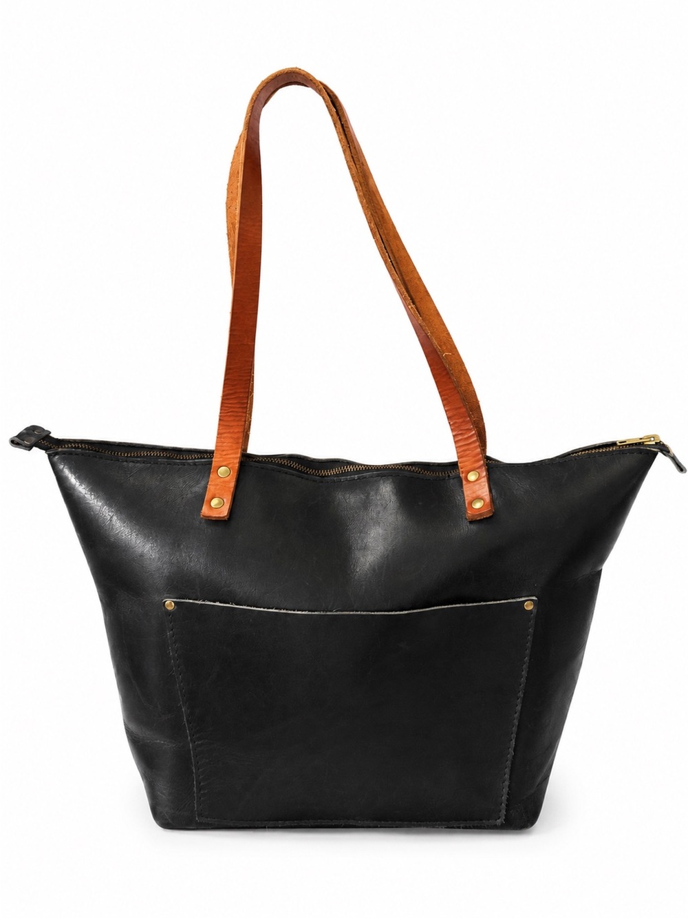 Black Leather Tote with Tan Shoulder Straps
